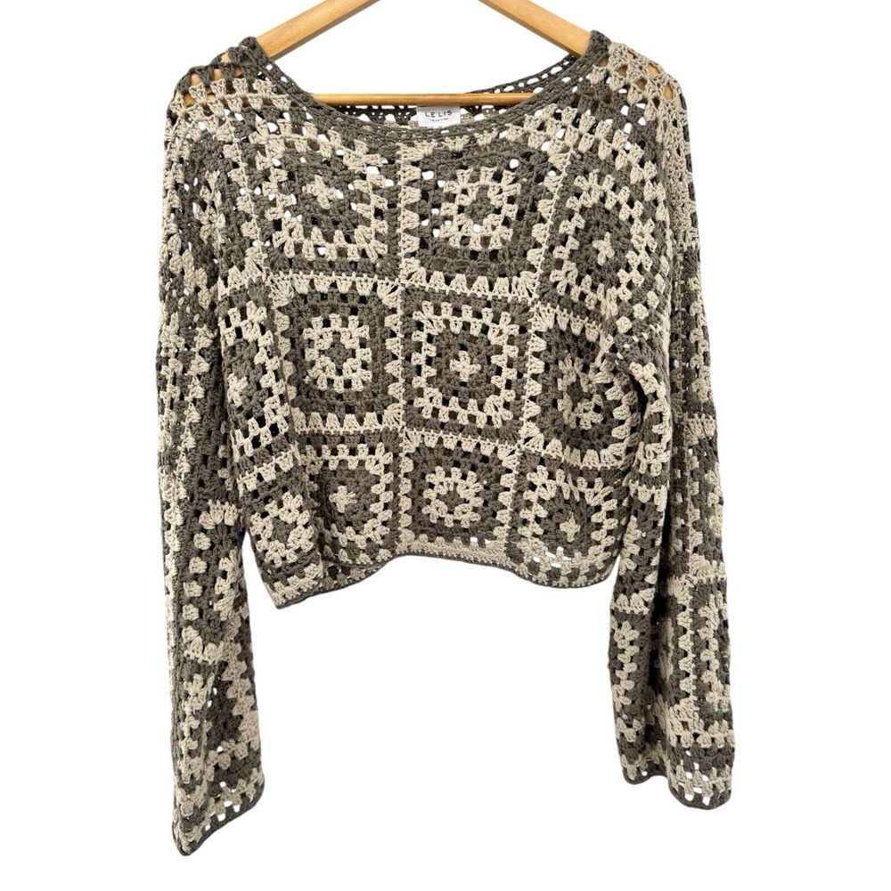 Le Lis Long Sleeve Crochet Top Cottagecore Grannycore Open Knit Brown Medium